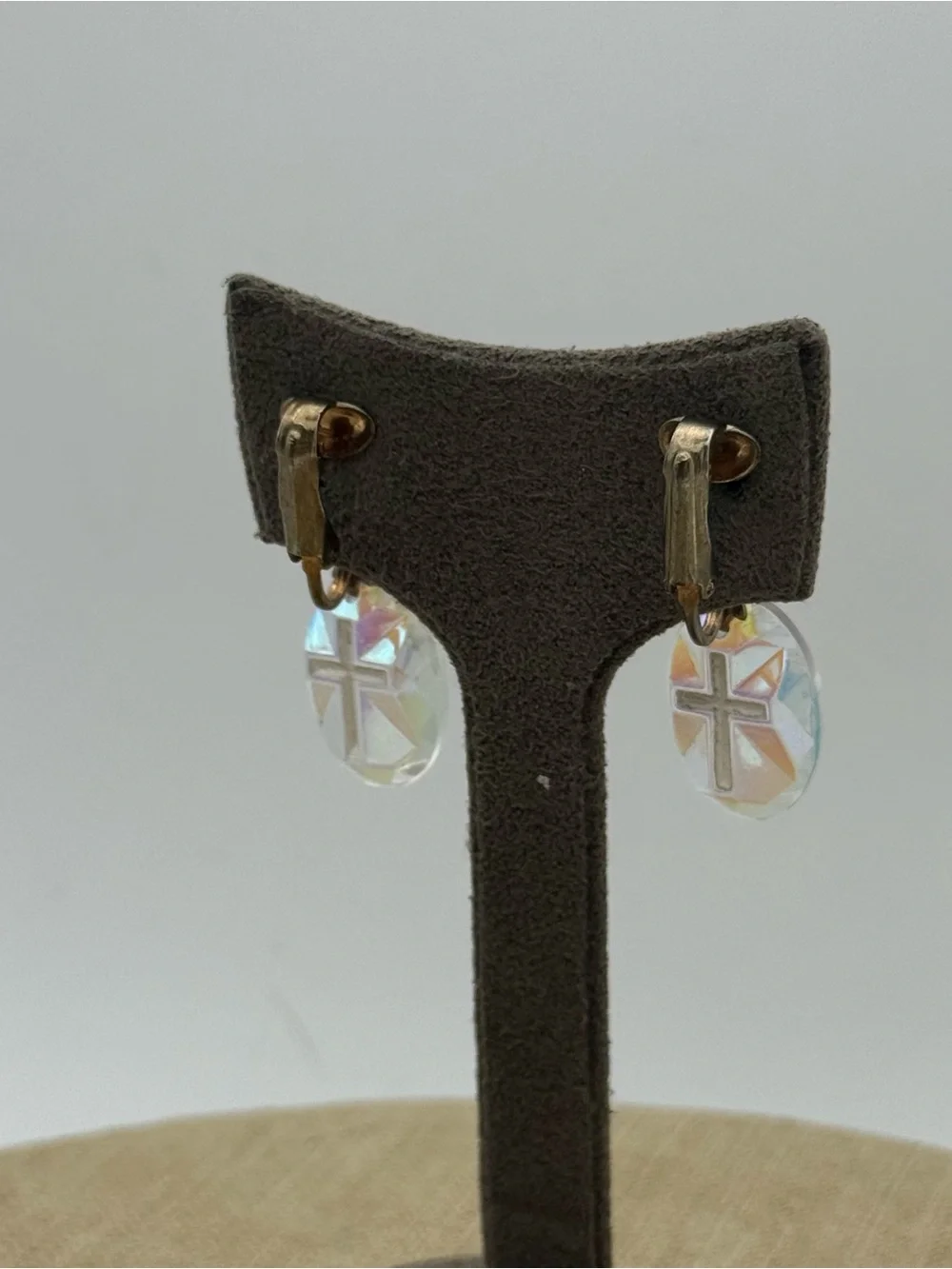 Set of two vintage Crystal Cross Drop Earrings in Clear Aurora Borealis